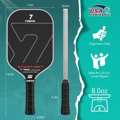 YVmove Pickleball Paddle with T700 Raw Carbon Fiber Surface & 16mm STR-Core Power Polymer Core, Premium Pickle Ball Racket Designed for Ultimate Spin & Consistency, USAPA Approved