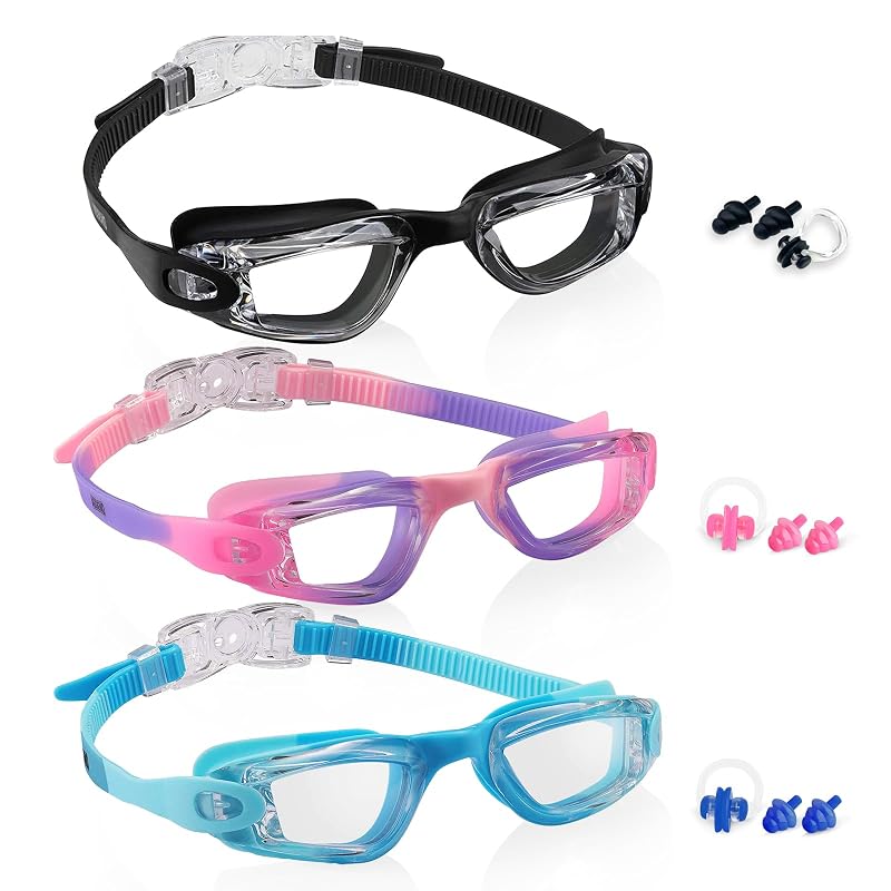Kids Swim Goggles 3 Pack Anti-Fog Clear Vision Comfort Fit 3-14 Years Variation: Clear Black & Pink Purple & Blue
