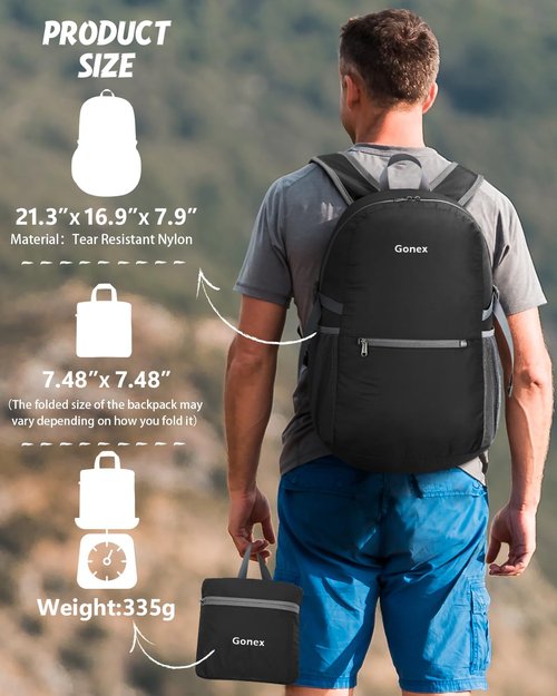 Gonex Ultra Lightweight Packable Daypack Handy Foldable Camping Outdoor Travel Cycling Backpack(Black)