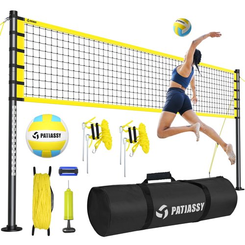 Patiassy Outdoor Portable Volleyball Net Set System - Quick & Easy Setup Adjustable Height Steel Poles, PU Volleyball with Pump and Carrying Bag for Beach Backyard (Yellow)