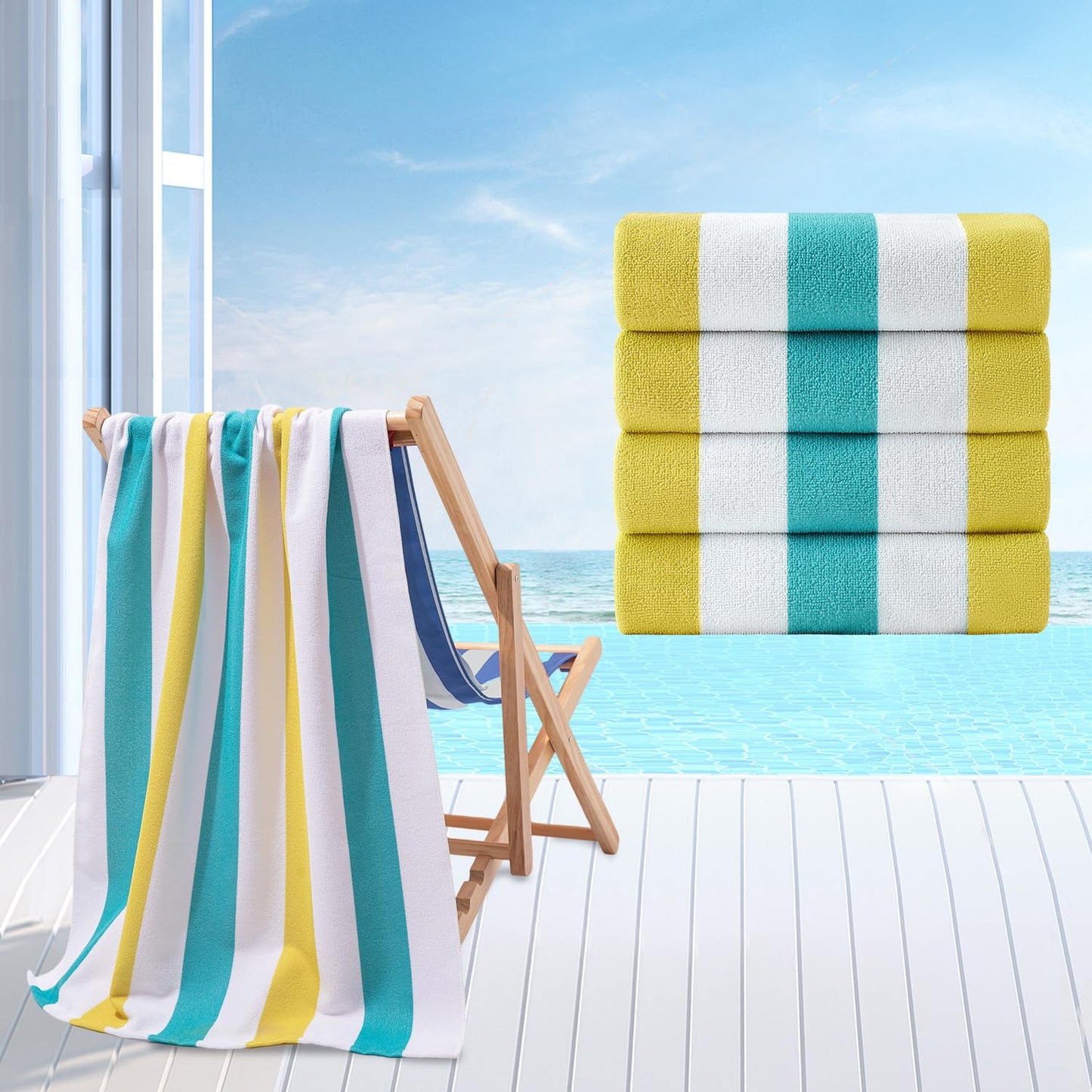 Beach Towel Set-4 Pack 30"x60" Sand Free Stripe Beach Towel for Pool,Bathroom,Soft Absorbent Quick Dry Lightweight Beach Bath Towel,Camping Blanket,Travel Towel,Beach Essentials for Adults,Teal/Yellow