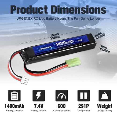 URGENEX Airsoft Battery 7.4V 1400mAh 60C High Discharge Rate Lipo Battery Pack with Mini Tamiya Plug Rechargeable 2S Lipos Fit for Airsoft Model Guns