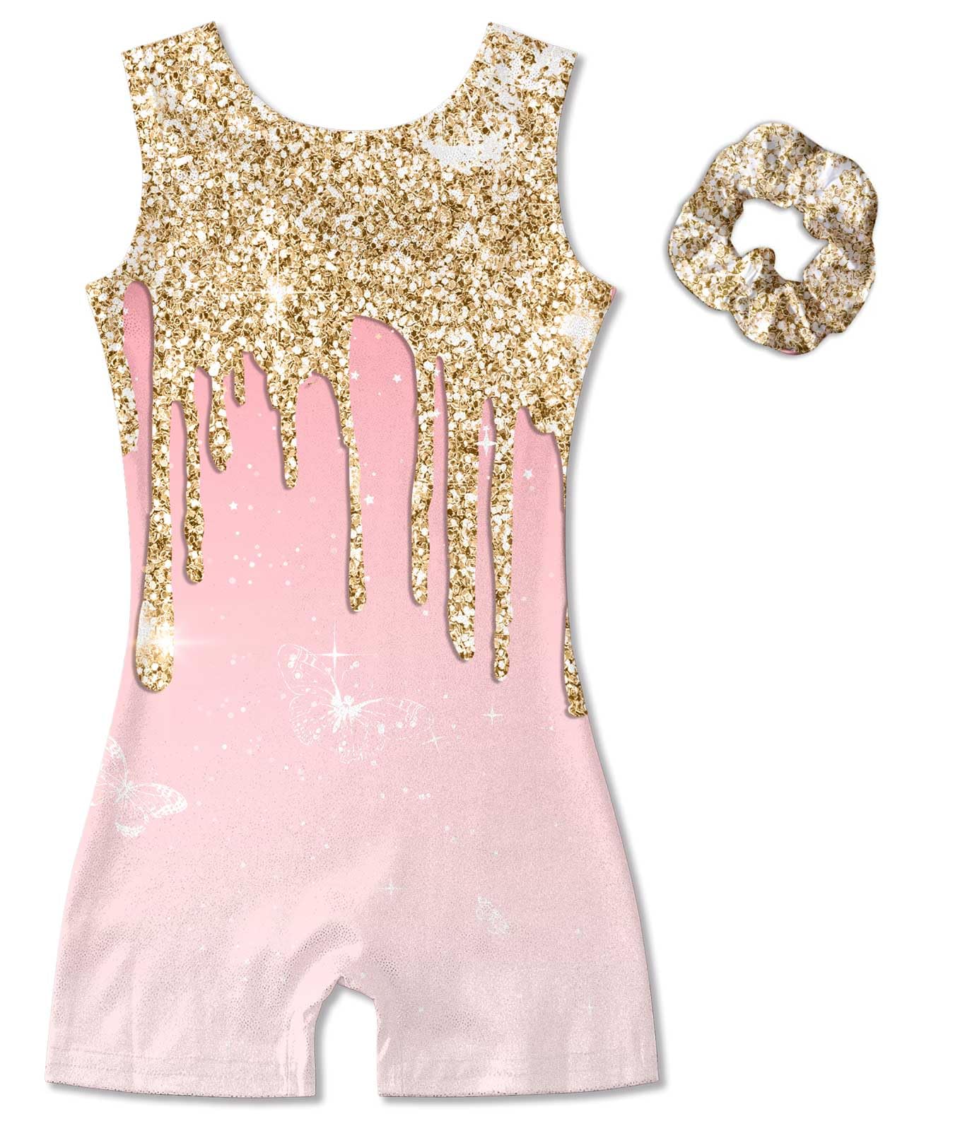 Vogseek Sparkly Gymnastics Leotards for Girls 7 8 Years Cute Pink Golden Shiny Ballet Dance Unitards Biketards with Hair Scrunchie Kids Tumbling Shorts Activewear Clothes, Pink Golden