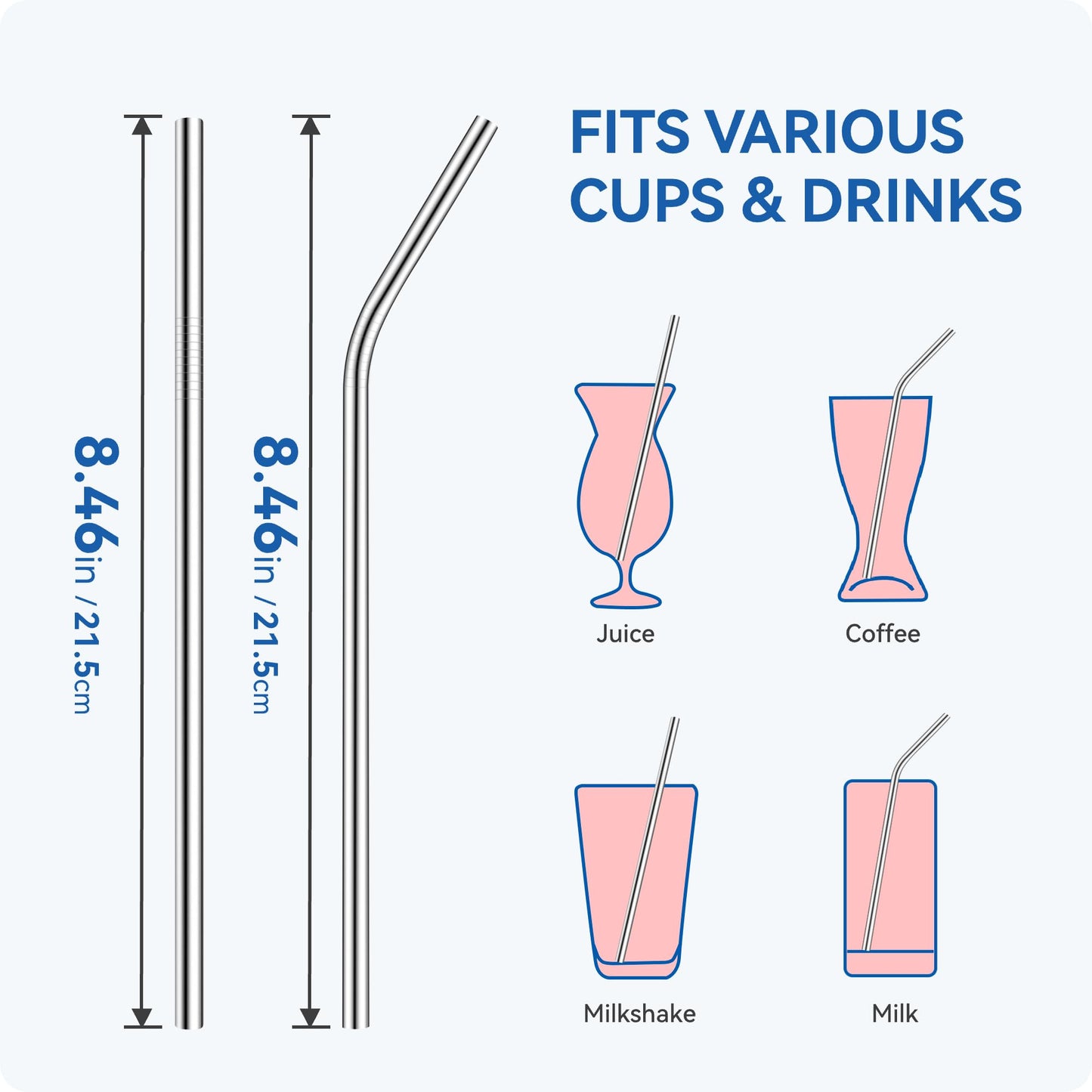 Prurex 6mm (0.24") Diameter Stainless Steel Straw - 215mm (8.5") Long, Ideal for Coffee, Tea & 16oz Travel Mugs - Slim Fit & Reusable