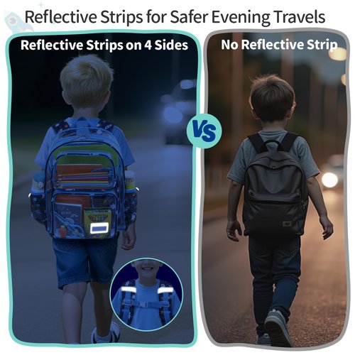BrainyBees Clear Backpack for Boys - 15 Inch Heavy Duty Kids Backpacks for School, Clear Transparent Bookbag with 2 Front Pockets for Kids Aged 3 to 8, Blue Space Astronauts
