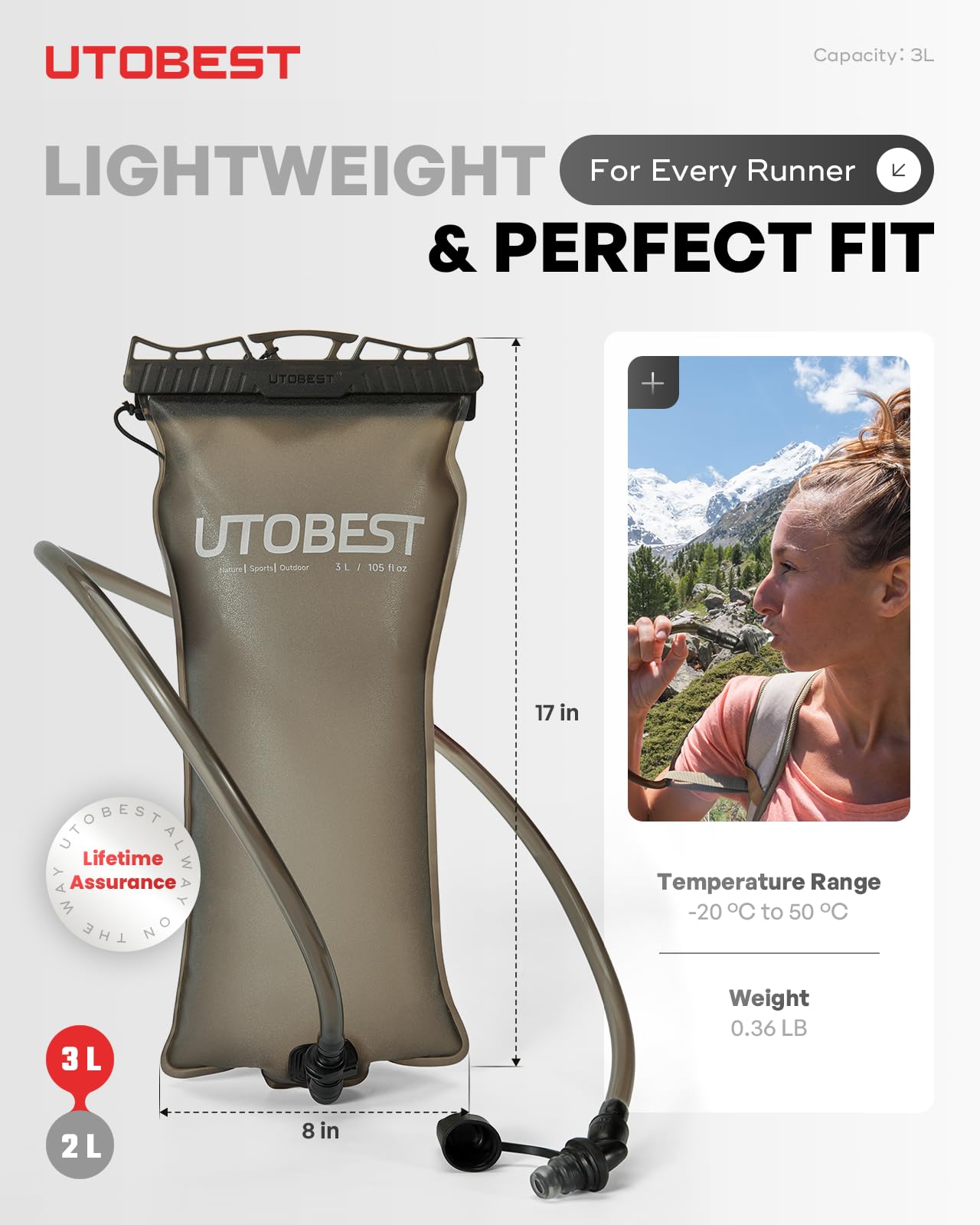 UTOBEST Water Bladder, Odorless Leather and Double-Layerad Water Tube Hydration Bladder, No Plastic Taste 360 Degree Rotation Bite Valve 3L Water Reservoir