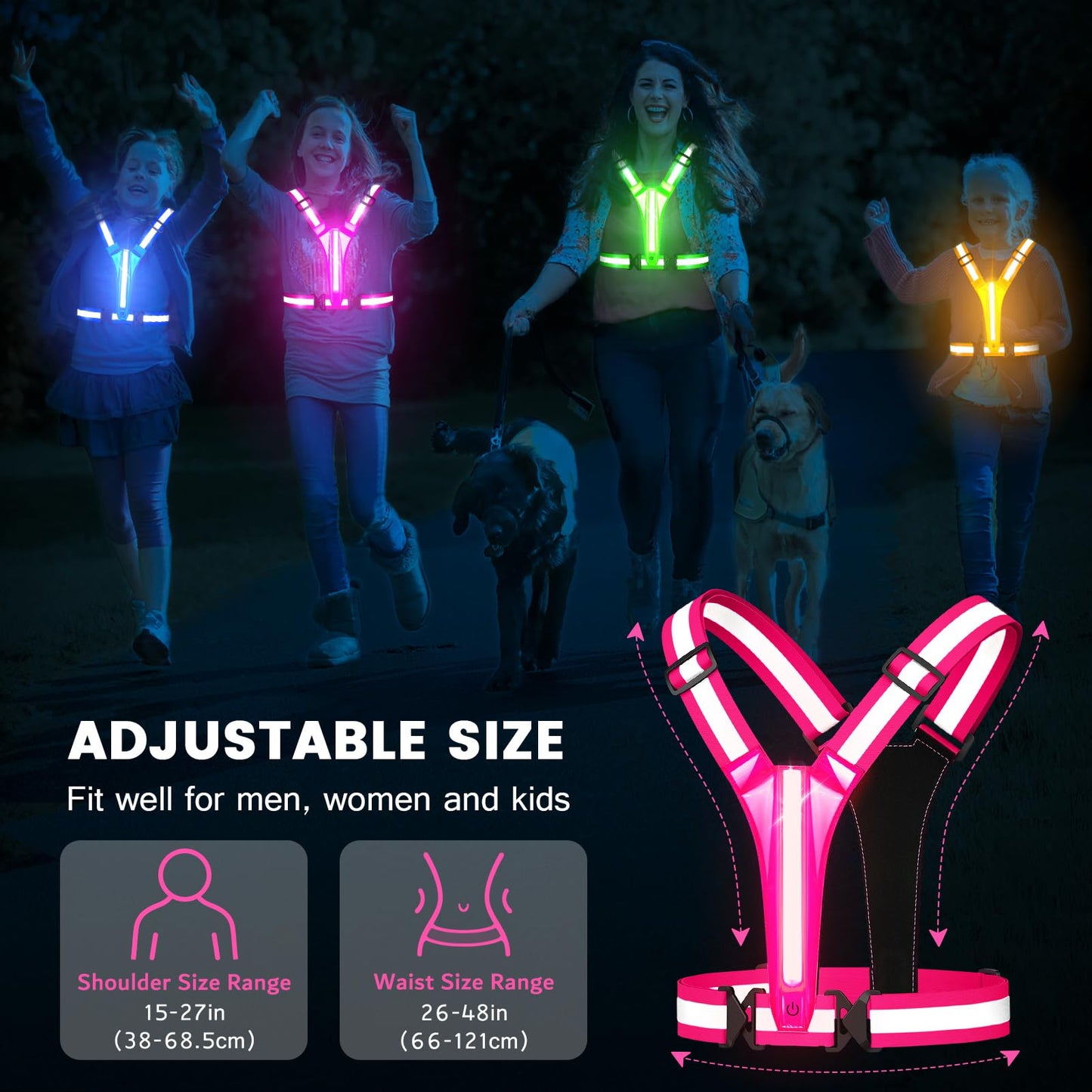 Fokia Kunbio LED Reflective Running Vest Gear,Light Up Vest Runners Night Walking USB Rechargeable,Up to 11hrs Light with Adjustable Waist/Shoulder for Women Men Kids (Pink)