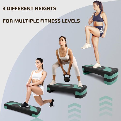 Fitvids Step Aerobic Platform, 31" Exercise Step with 3 levels Adjustable Height, 4 Stackable Risers, Fitness Training Workout Stepper for Home Gym, Cardio Strength, Black & Blue