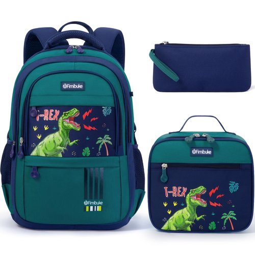 Fimibuke Kids Backpack for School Boys - 3 PCS Waterproof Teen Boy Backpack with Lunch Box & Pencil Pouch Set, School Bag Bookbag Daypack for Kindergarten Elementary Middle School, Age 5+(Dinosaur)