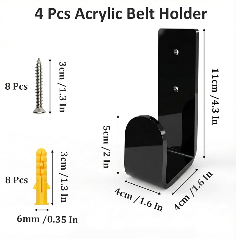 4Pack Black Acrylic Championship Belt Wall Mount Display Hangers – Minimalist Floating Belt Racks