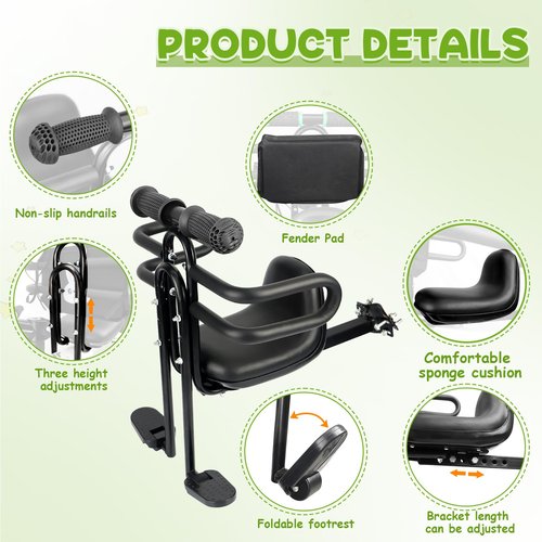 MEGHNA Bike Child Seat Front Mounted for Adult Bike Comfortable Baby Bike Seat with Backrest Adjustable Height and Position Bicycle Child Seat with Foot Pedals for Baby Toddle (Black - Style 1)