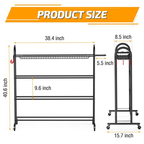 PLKOW Basketball Rack, Rolling Ball Storage with Baseball Bat Holder and Hooks, Sports Equipment Storage with Wheels for Volleyball, Football and Basketball Accessories, Powder Coated Steel