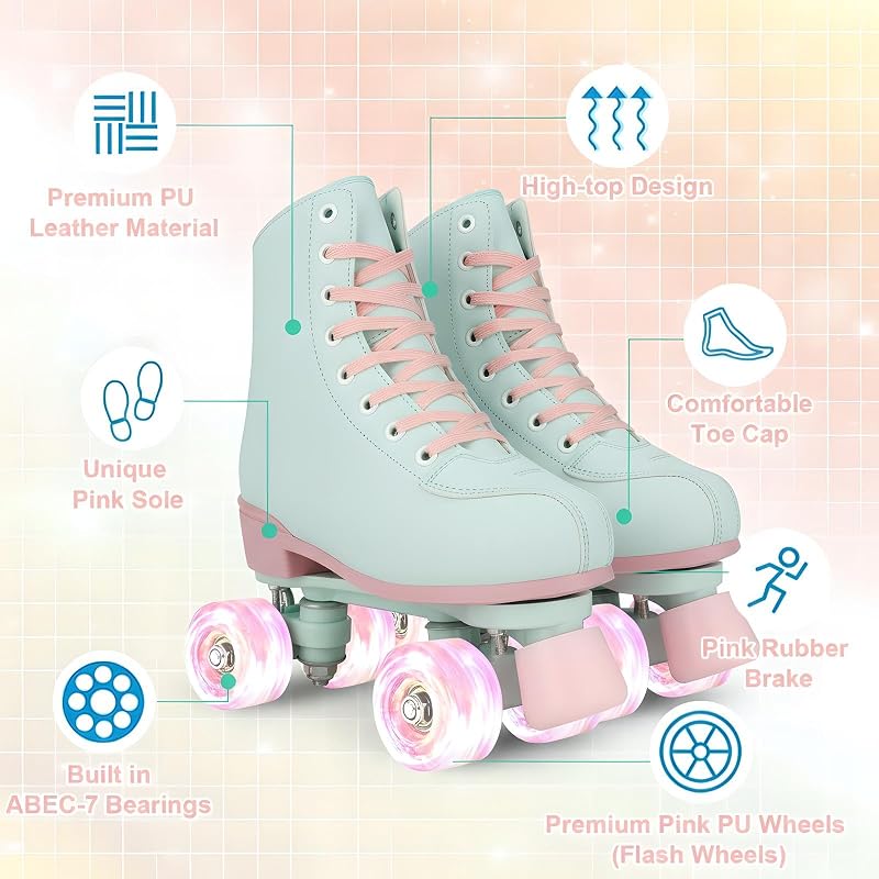 XUDREZ Light Green PU Roller Skates for Girls & Women, Pink Light-Up Wheels, Age 6-12, 37-US