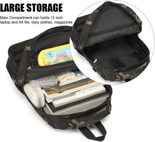 Kids Tactical Backpack Army Molle Bookbag Military Boys Backpack for School, Outdoor, Camping (Includes 2 Patches+1Carabiner), Black Camo