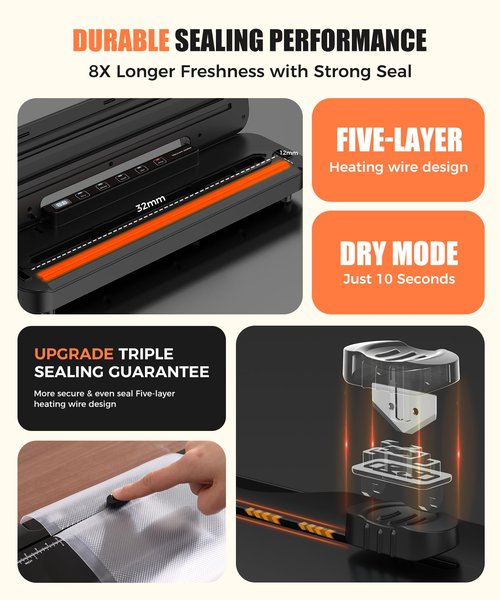 Vacuum Sealer Machine for Food Preservation, 6-in-1 Food Sealer for Freshness Storage, 75kpa Compact Vacuum Sealing Machine with External Sliding Blade, Digital Countdown Timer Black