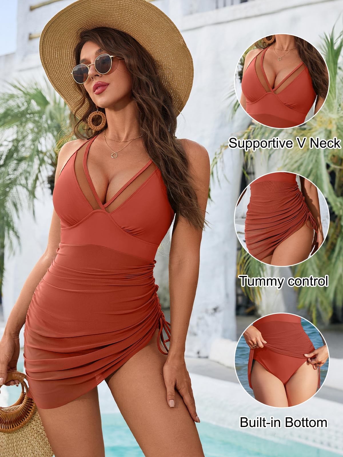 Blooming Jelly Women One Piece Swim Dress Tummy Control Swimsuits Slimming Sarong Wraps Bathing Suit (M, Brick Red)