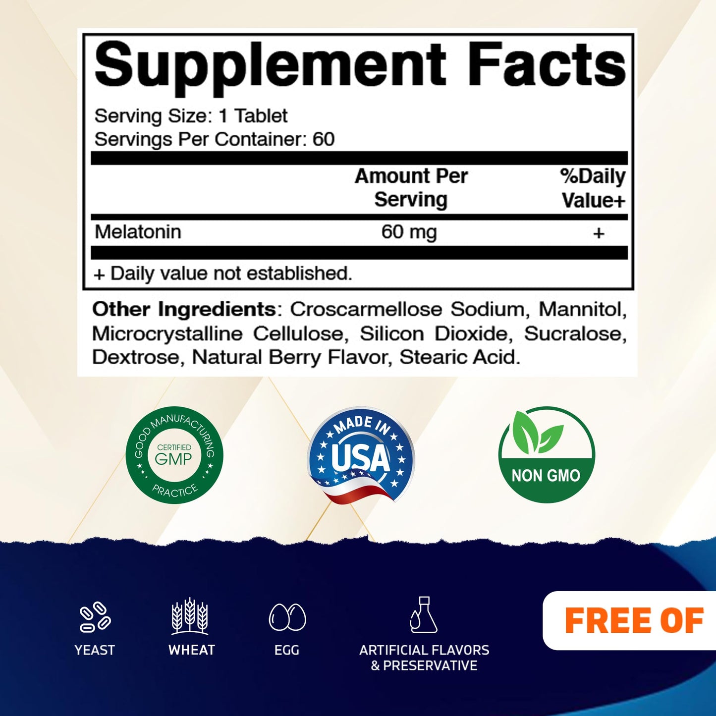 Vitamatic Melatonin 60 mg Fast Dissolve Tablets - 60 Vegan Natural Berry Flavor Tablets - Non-Habit Forming - Non-GMO, Gluten Free (1 Bottle)