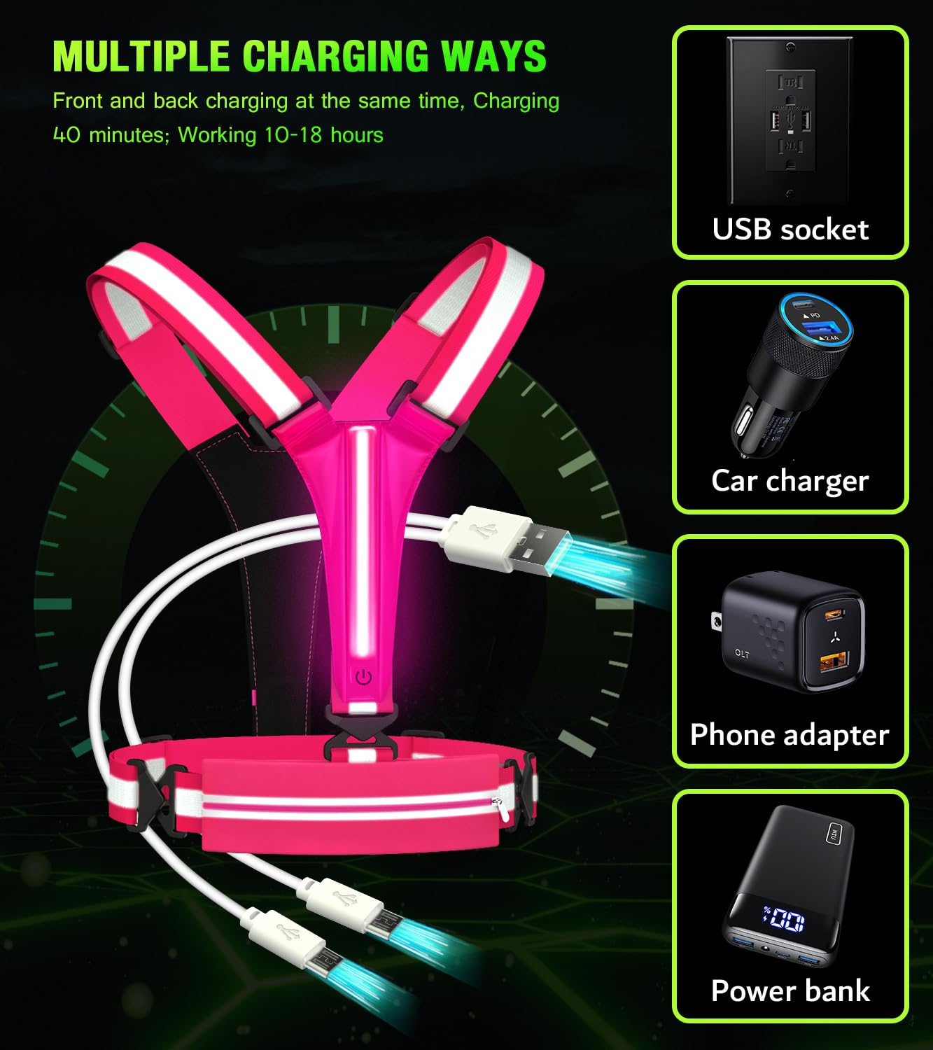 LED Reflective Vest Running Gear Set,USB Rechargeable Light Up Running Vest for Runners Night Walking with Waterproof Phone Bag,High Visibility Armband,Adjustable Waist&Shoulder for Men Women (Pink)