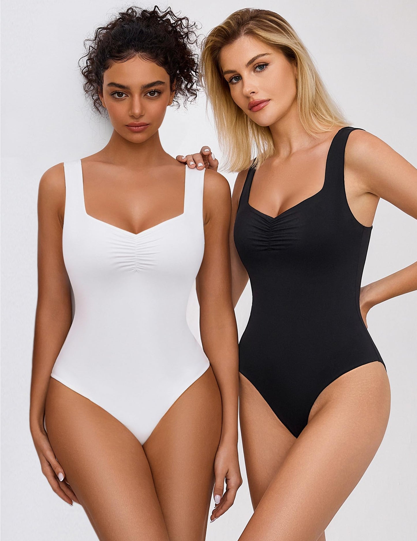 Avidlove Black Bodysuit Women Sweetheart Neck Ruched Body Suits Seamless Double Lined Tank Top Slimming