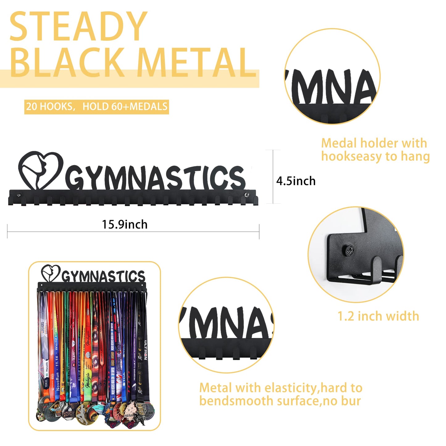 Goutoports Gymnastics Medal Holder - Medal Hanger Display - with 20 Hooks Hold Up 60 Medals - Equipped with Mounting Accessories Easy to Install Easy to Use