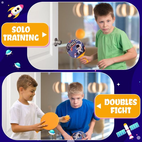 Soulchen Door Table Tennis Game Hanging Table Tennis Trainer Set, Includes Two Rackets with Space Themed Sticks, 4 Balls, a String Puller, and a Hook for Beginners