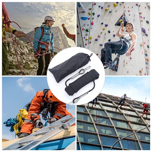 Climbing Rope 10MM Diameter 10M(32ft) 20M(64ft) Static Rock Climbing Rope,Tree Climbing Rappelling Rope,Escape Nylon Rope,Ice Climbing Equipment Outdoor Fire Rescue Parachute Rope with 2 Steel Hooks