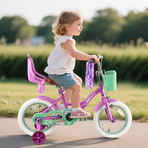 RULLY 14 Inch Girls Bike with Training Wheels, Purple Kids Bicycle with Basket & Doll Seat for 3 4 5 Years Old Toddlers, Children's Bicycle for Beginners