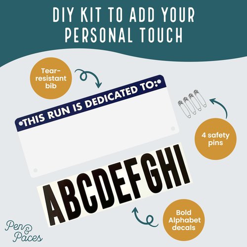 Pen and Paces This Run is Dedicated to Name Bib Kit – Weatherproof, Tear-Resistant Race Bib with Alphabet Decals & Safety Pins – Running Accessory for 5Ks, Marathons, Triathlons, Cycling & Races