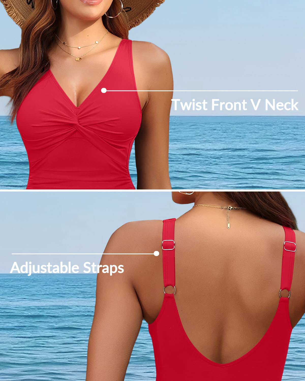 Holipick Red Women Tummy Control One Piece Swimsuit - Push Up Bathing Suit Full Coverage Slimming Swimwear L