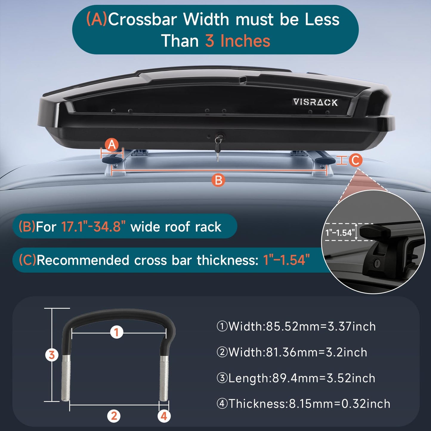VISRACK Hard Shell Roof Cargo Box Carrier with Security Keys,Heavy Duty Waterproof Rooftop Storage Box,58.3 (L) x35.4 (W) x 13(H) Inches,15.5 Cubic Feet (Tool-Free Install),Dual Side Opening,Black