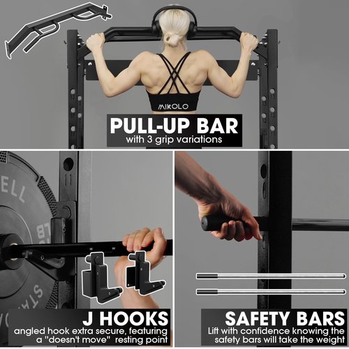 Mikolo Power Cage, Power Rack with LAT Pulldown, 1200 Pounds Capacity Workout Cage with More Training Attachments, Squat Rack for Home Gym, Yellow