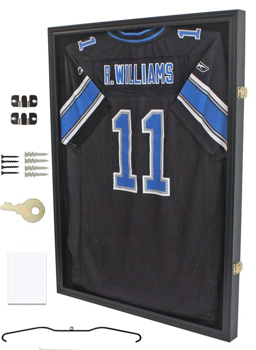 Jersey Display Case Frame Large Sport Shadow Box Pro 98% UV Protection for Baseball Basketball Football Soccer Hockey Memorabilia T-Shirt Uniform (Black Finish)