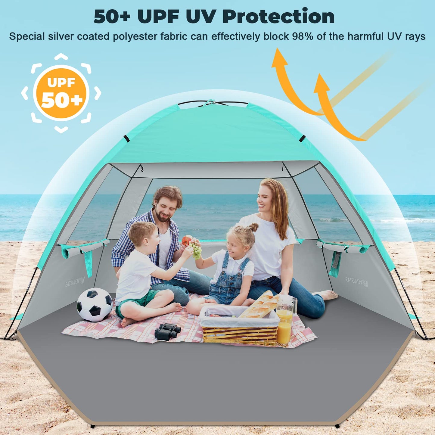 Venustas Beach Tent Sun Shelter for 3/4/6/8 Person, UPF 50+ UV Protection Beach Canopy, Lightweight and Easy Setup Cabana, Portable Beach Shade Tent