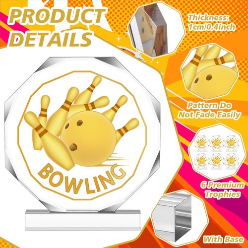 Anglechic 6 Pack Sports Trophy Acrylic Award Medals 4.72 x 4.72 Inch Sports Contest Trophies Bulk Plaques Team Prize Gift Trophies for Competition(Bowling)
