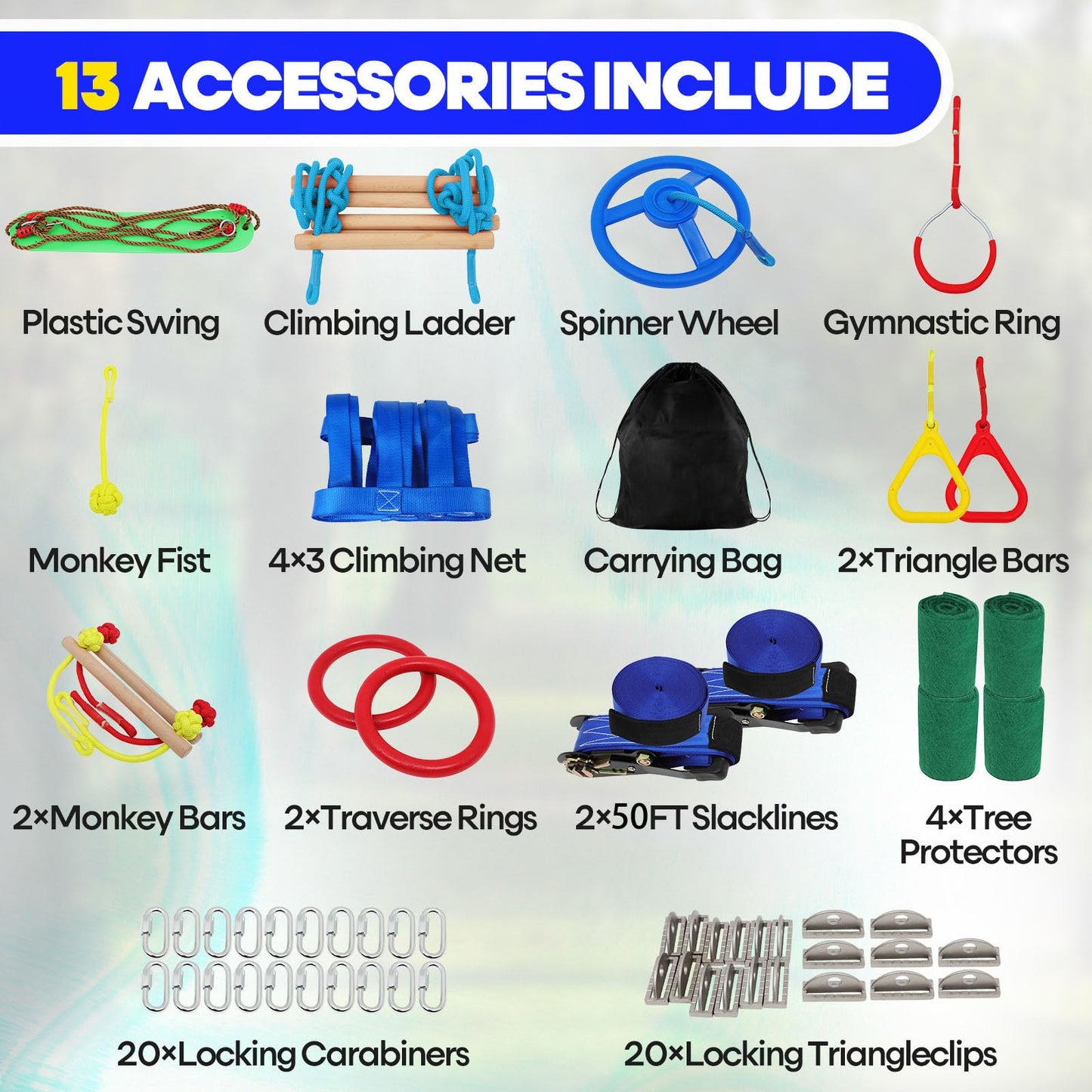 2x50 Ft Ninja Obstacle Course Kit for Kids with Slackline and 13 Fun Accessories Including Climbing Net, Rope Ladder, Monkey Bars, Ninja Obstacle Course for Kids Ages 3+ with 440lbs Weight Capacity