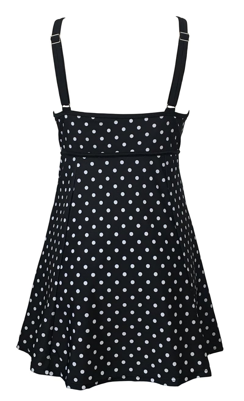 Plus Size Swim Dress One Piece Swimsuit with Skirt - Black Dot Variation
