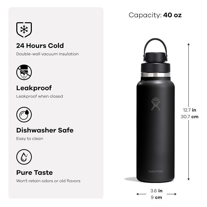 40 Oz Hydro Flask Wide Mouth Insulated Stainless Steel Water Bottle with Flex Chug Lid - Black