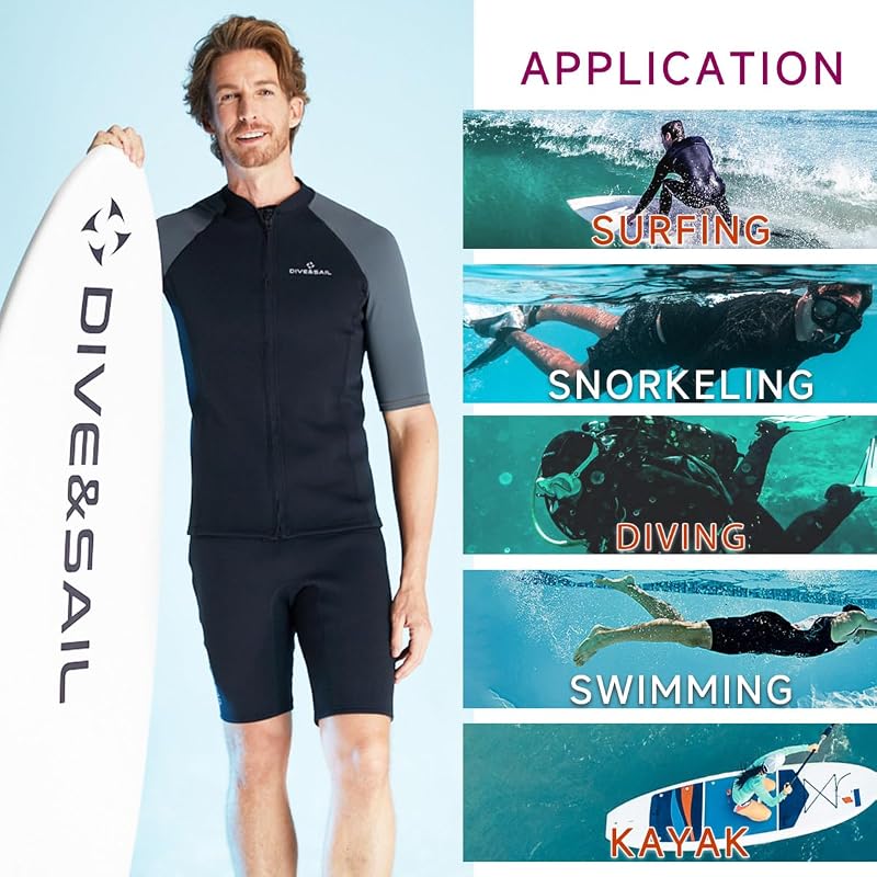 1.5mm Neoprene Wetsuit Top Jacket with Front Zip — Short Sleeve, Black, Men's Large