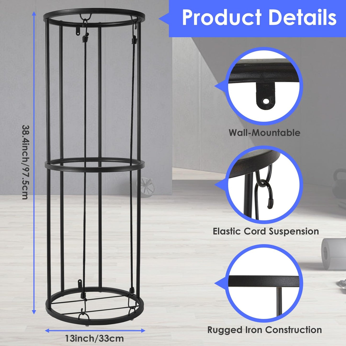 URMMIY Garage Ball Storage Rack - Wall-Mounted Vertical Ball Holder for Basketball, Soccer, Volleyball, Football - Space-Saving Sports Organizer for Garage, Home, Basement, Kids' Room, Outdoor Use