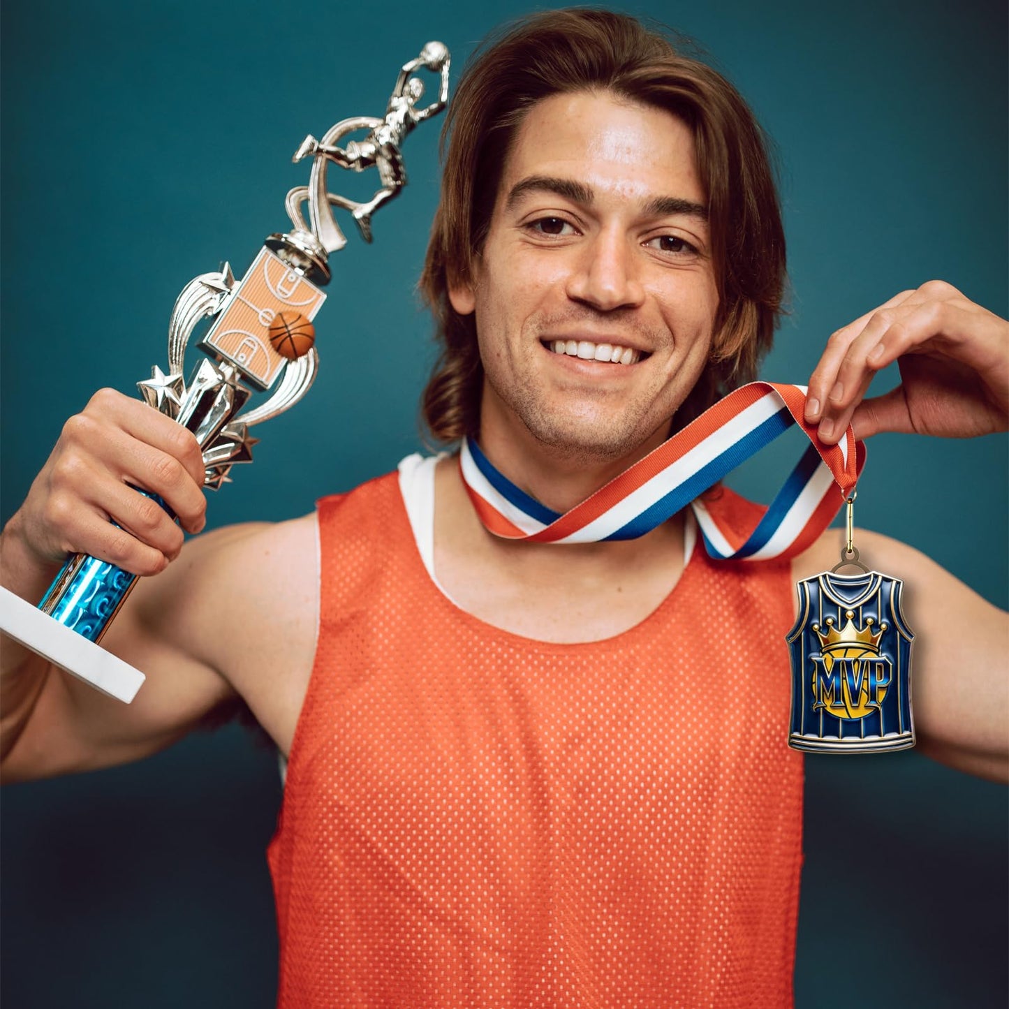 Donrime Basketball Medals for Awards - Basketball Jersey MVP Trophy with Red White Blue Ribbon for Basketball Team Gifts Basketball Players Sports Day Favors Prizes for Kids Adults