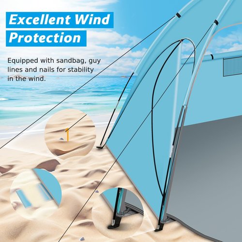 Hoeada Beach Tent Sun Shelter, Beach Shade Tent with UPF 50+ UV Protection for 2-3 Person, Portable & Easy Setup Cabana, 3 Roll Up Doors & 8mm Fiberglass Rods, Carry Bag Included