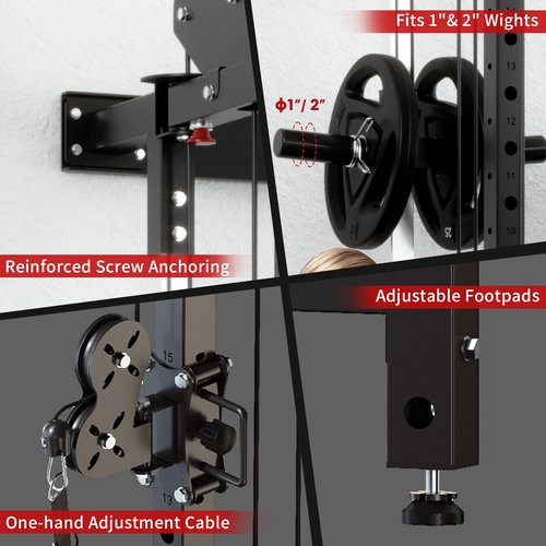 Folding Squat Rack - Wall Mounted Power Rack Cage Home Gym with Cable Crossover Machine & LAT Pull Down - Functional Trainer with 5 Adjustable Function Modes - with Safety Arm and Dips Attachment