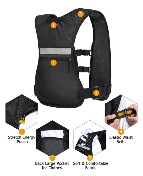 NOOLA Running Vest with Dual 500ml Soft Flask, Lightweight Hydration Vest for Women Men, Water Backpack with Adjustable Straps, Running Hydration Pack for Trail Marathon Race Jogging Cycling, Black