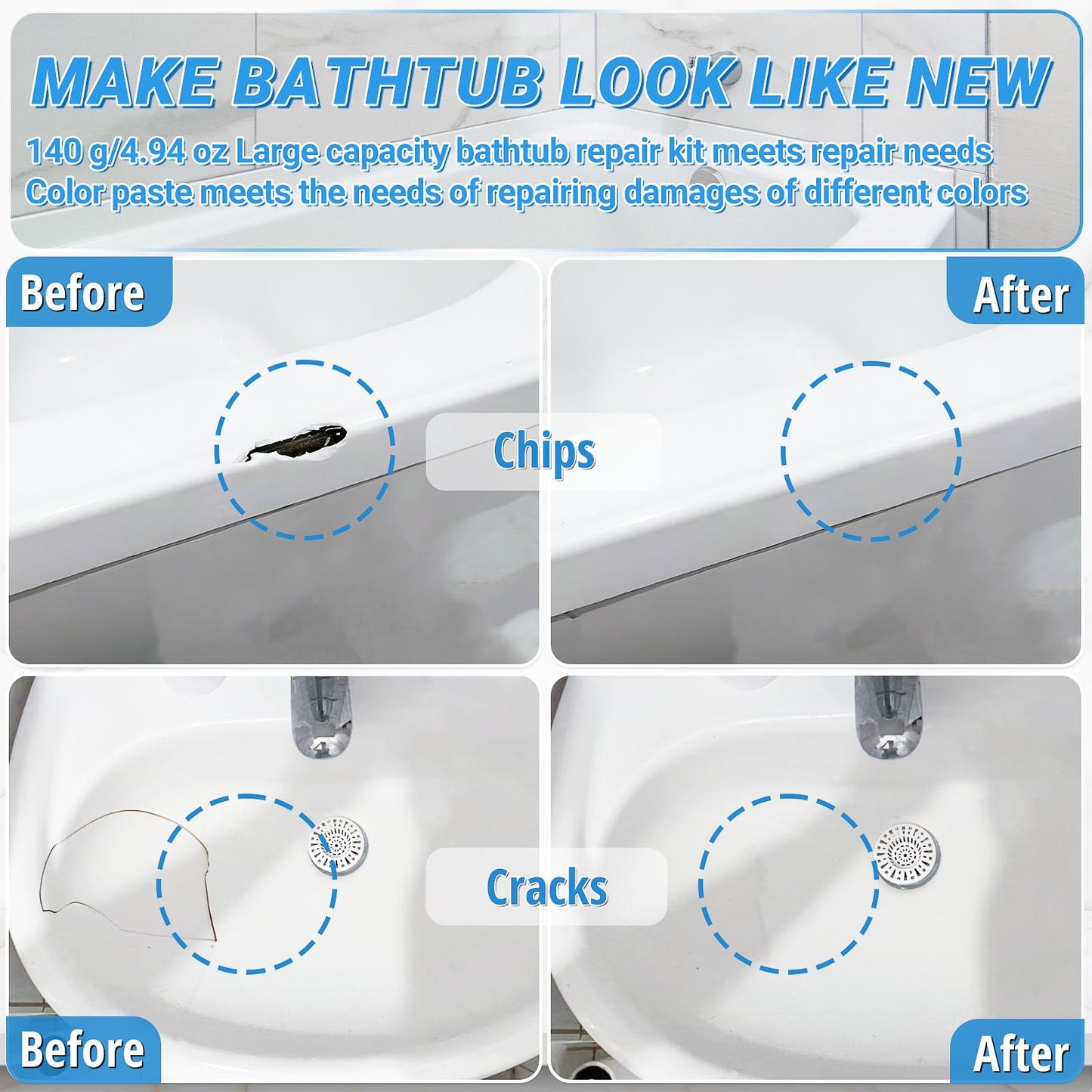 Bathtub Repair Kit 4.94oz (Color Match), TUFINEIN Porcelain Repair Kit for Fiberglass, Enamel, Ceramic, Acrylic Repair and Fix Chips, Cracks, Scratches, Holes on Tub/Tile/Sink/Shower Tray/Shower