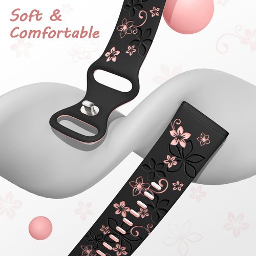 OHOTLOVE Floral Engraved Bands Compatible for Fitbit Sense Bands/Fitbit Versa 3 Bands Women/Fitbit Versa 4 Bands/Sense 2 Bands,Soft Cute Two-Tone Flower Sport Watch Strap Replacement Wristbands.A