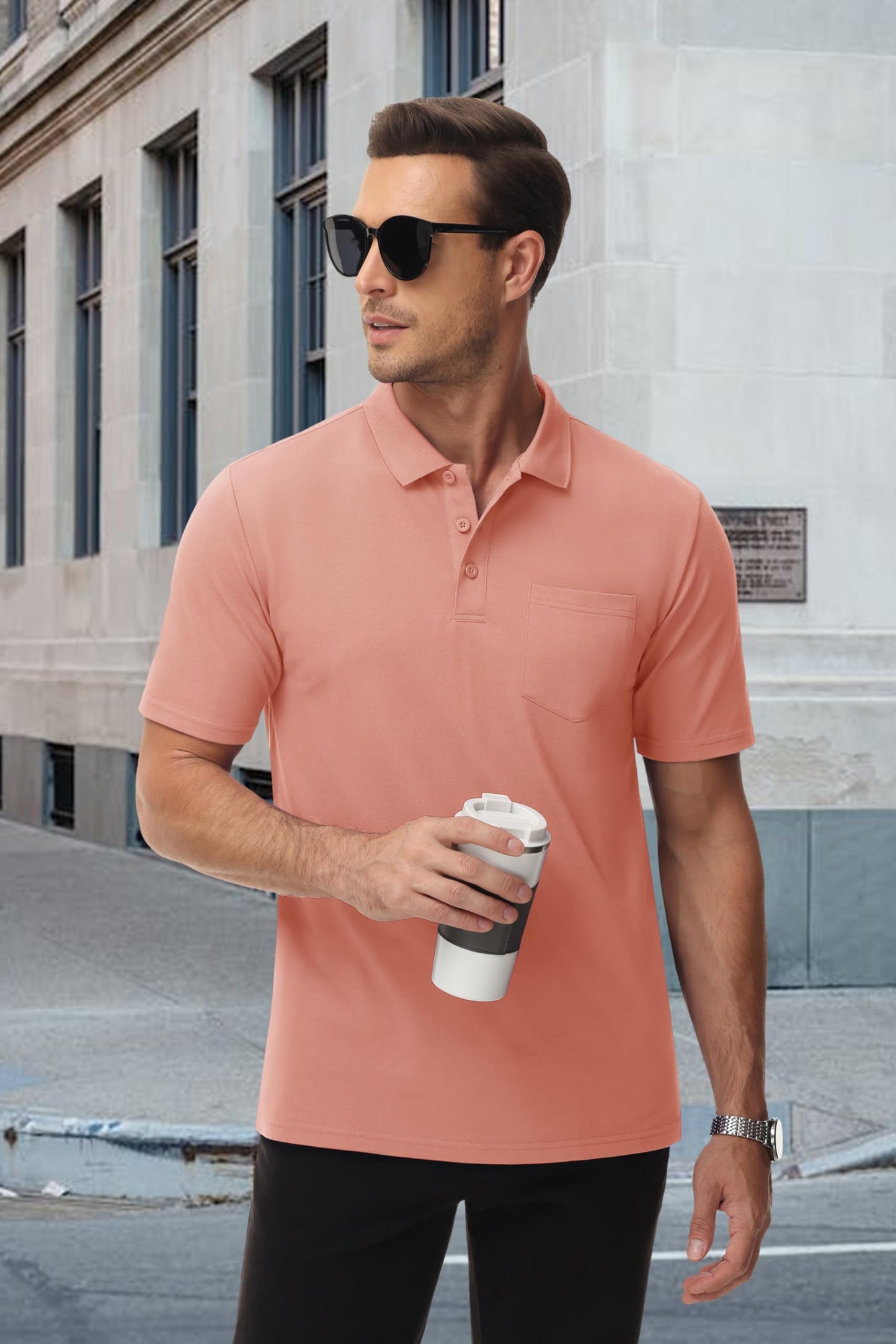 MAGCOMSEN Mens Polo Shirts with Pocket Cotton Pique Short Sleeve Collared Shirt Moisture Wicking Golf Shirts 3-Button Shirts Pink 2XL