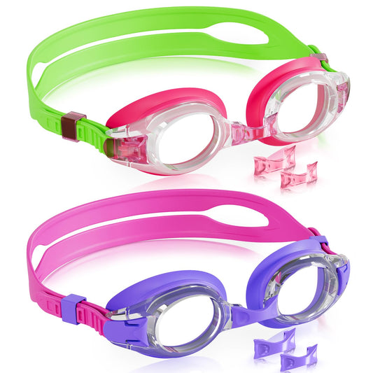Aegend 2 Pack Kids Goggles, Swimming Goggles for Kids Age 4-16 Boys and Girls Youth, Anti-Fog Pool Goggles, Red & Light Purple