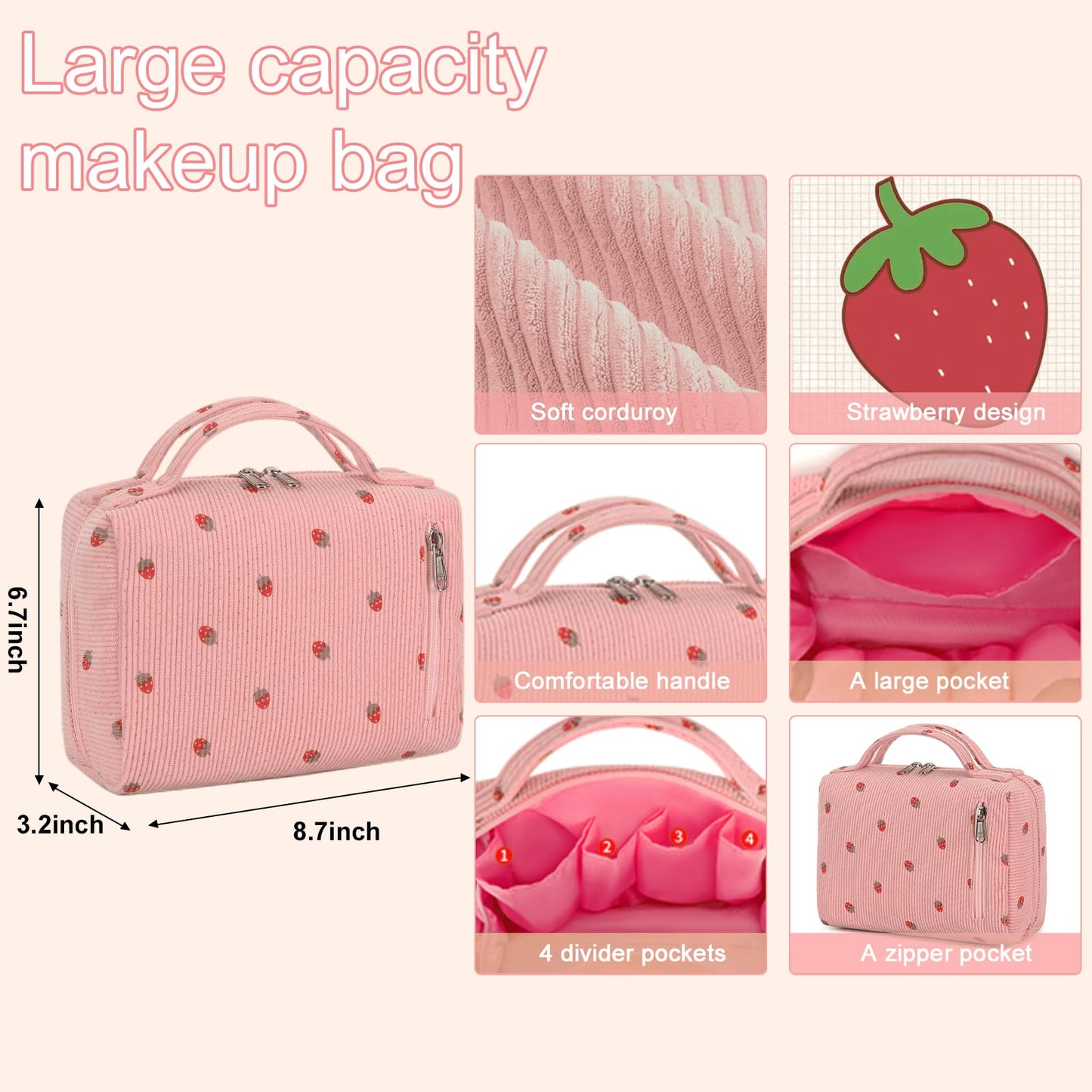 Bluboon Makeup Bag Zipper Pouch Travel Portable Cosmetic Bag Organizer for Women and Girls(Corduroy Pink Strawberry)