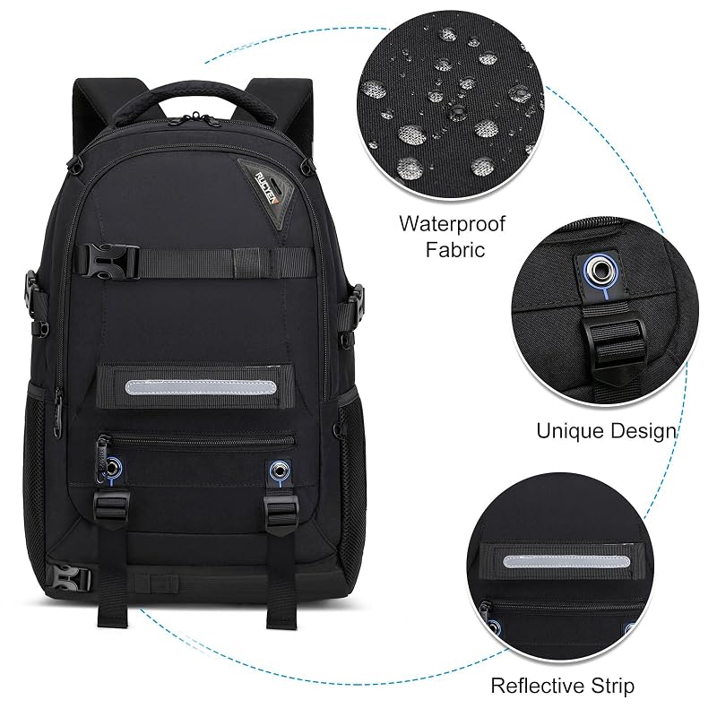 Skateboard Backpack with Laptop Compartment | Anti-Theft Hidden Pockets, Waterproof 15.6" Black