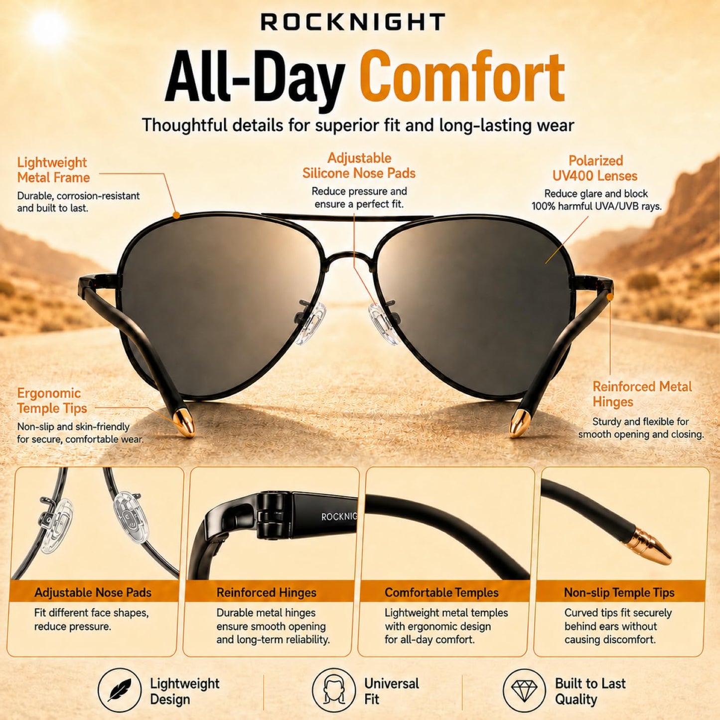 ROCKNIGHT Polarized Aviator Sunglasses for Men Women UV400 Metal Frame Flat Top Driving Outdoor Shades Lightweight 58mm Silver Mirror Lens